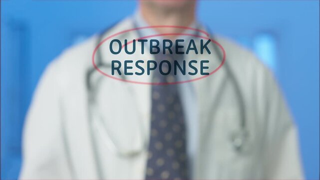 Male medical professional in a lab coat using a red marker to circle the words outbreak response on a transparent display, highlighting the importance of disease control and prevention