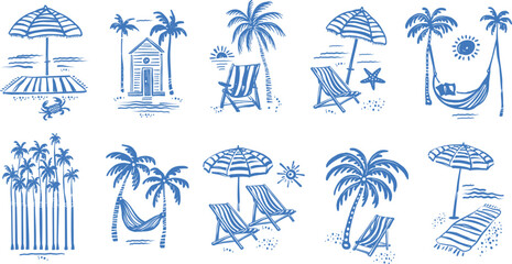Obraz premium Hand drawn beach vacation scene collection with palm tree hammock and seaside furniture