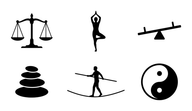 Balance Icons Set: Scales of Justice, Yoga Pose, Seesaw, Stacked Stones, Tightrope Walker, Yin Yang Symbol, Vector Graphics for Harmony and Equilibrium Concepts