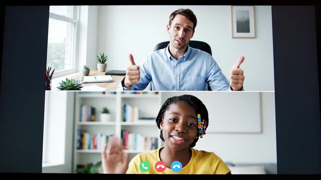 Smiling male professional and cheerful young girl interacting on a split-screen video call, portraying remote tutoring, online meeting, virtual learning and friendly conversation