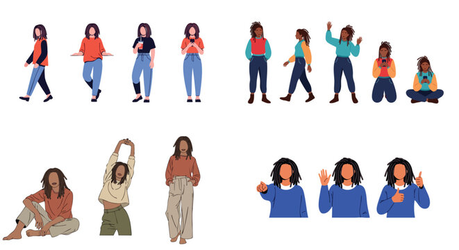 Dreadlock Hairstyle Character Pose Set Flat Vector People Illustration