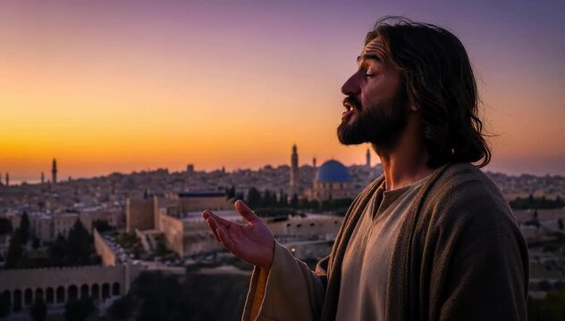 Jesus Christ praying over Jerusalem at sunset. Biblical man reaching hand toward holy city. Gospel scene of savior seeking divine grace in ancient Middle East.