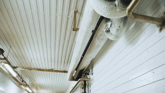 System of pipes covered in frost containing freon around industrial refrigerator in meat processing plant producing frozen processed meat products. Modern engineering technologies for freezing.