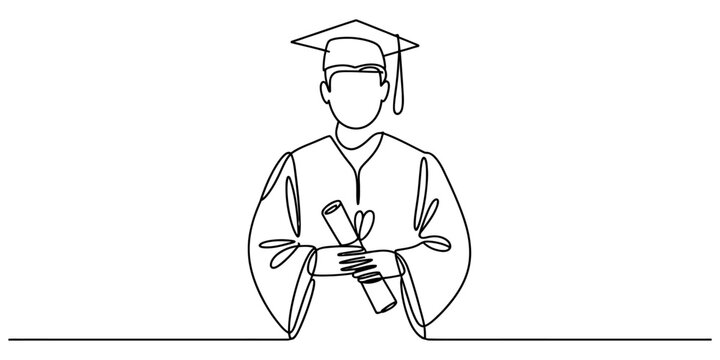 Continuous single line drawing of a happy graduate student wearing a traditional cap and gown while holding a rolled diploma scroll in their hands