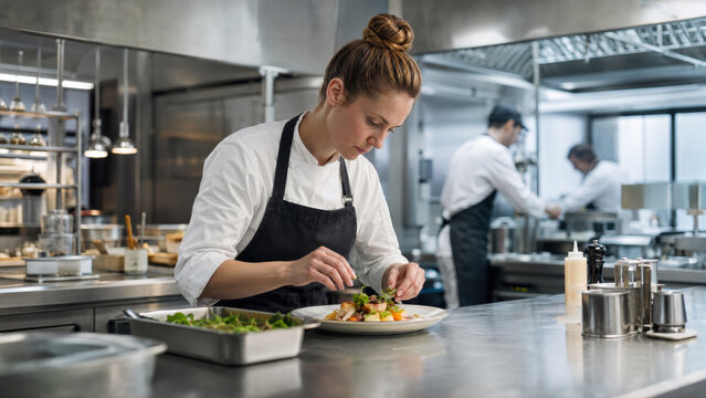 A female chef carefully plates a gourmet dish, adding fresh garnishes inside a commercial kitchen.