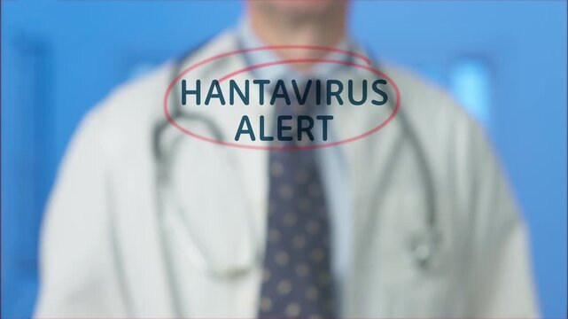 Male doctor in a lab coat drawing a red circle around a hantavirus alert sign on a futuristic transparent screen, indicating the dangers of the infectious pulmonary syndrome disease