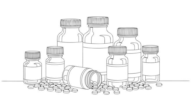 The vector illustration depicts scattered medicine bottles and pills on a surface indoors.