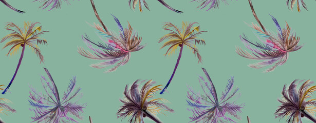 Seamless beach pattern with irregular palm trees painted in watercolor for textiles and design  © Марина Воюш