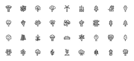 Obraz premium Tree icon set. Minimalist vector collection. Includes Baobab, Holly, Birch, Cherry tree, Palm tree, Pine, Oak, Maple, Cactus, Bamboo, Fern, Spruce, Willow, and more.