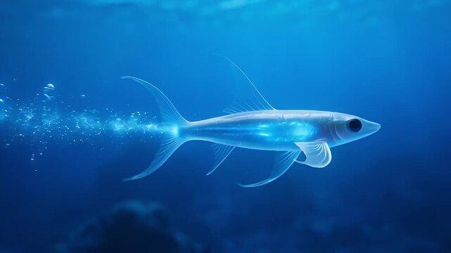 glowing bioluminescent alien fish swimming in deep blue futuristic ocean with sparkling light trail