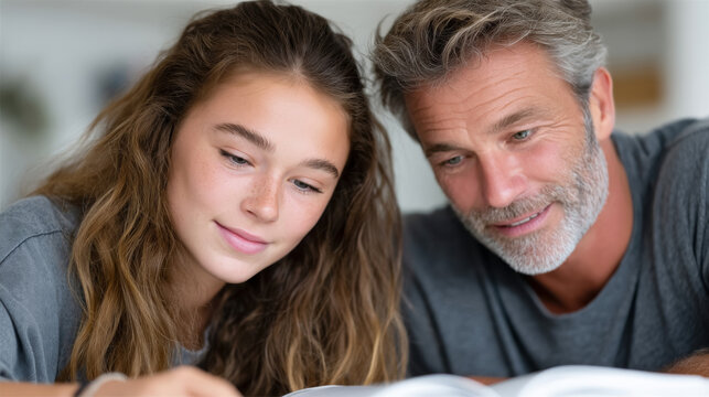 Father and daughter reading together at home for schoolwork learning