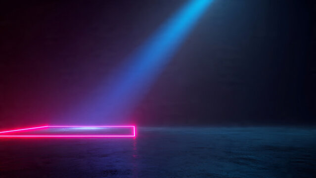 Dark background with blue spotlight beam and vibrant pink neon rectangle outline on reflective surface, suitable for technology, digital design and