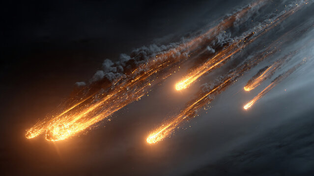 Dramatic meteor shower with glowing fiery trails and smoke in dark sky, cinematic aerial view, perfect for astronomy content, educational materials.