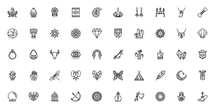Boho icon set. Minimal vector line art. Featuring headdress, cactus, dreamcatcher, mandala, lotus, feathers, henna hand, moon, sun, hamsa and more.