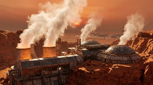 Futuristic human colony base on Mars with geothermal power plants emitting steam