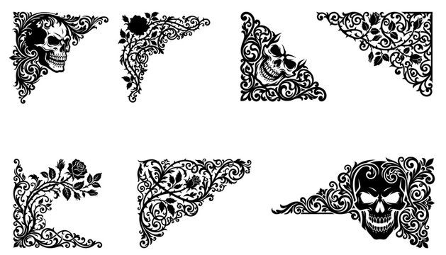 Collection of ornate corner designs featuring detailed skull motifs intertwined with elaborate floral scrollwork vines and rose patterns depicted in a sharp black silhouette artistic style