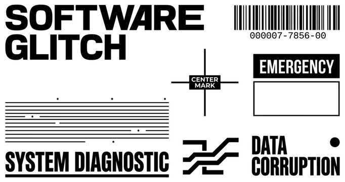 Technical interface mockup featuring bold software glitch and data corruption text labels alongside barcode emergency notification box system diagnostic lines and a central crosshair mark