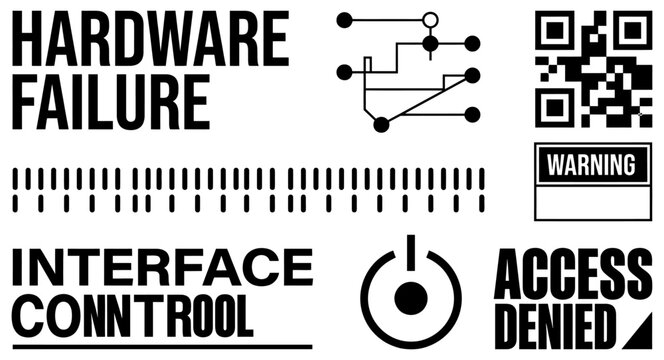 Hardware failure and access denied text labels with technical interface icons including a warning sign a QR code a power button symbol and a digital circuit diagram on a clean minimalist