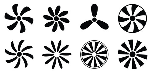 Circular propeller designs: A graphic showcasing various fan blades and turbine designs. air movement, technical drawing, illustration, engineering design, rotation concept. © Binoy Vectors