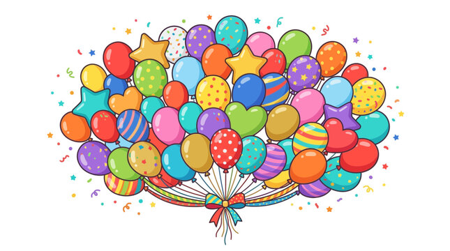 Colorful bunch of balloons with confetti and stars for celebration
