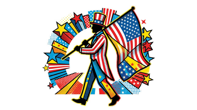 Vibrant illustration of uncle sam holding american flag in starry patriotic background