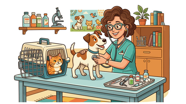 Veterinarian examining a dog with a cat in a carrier nearby at clinic