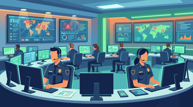 Police officers working on computers in a surveillance room with multiple monitors
