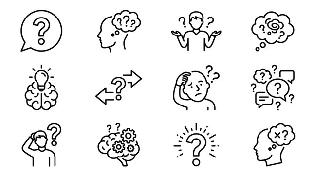Black line icons of confused people with question marks and thinking faces