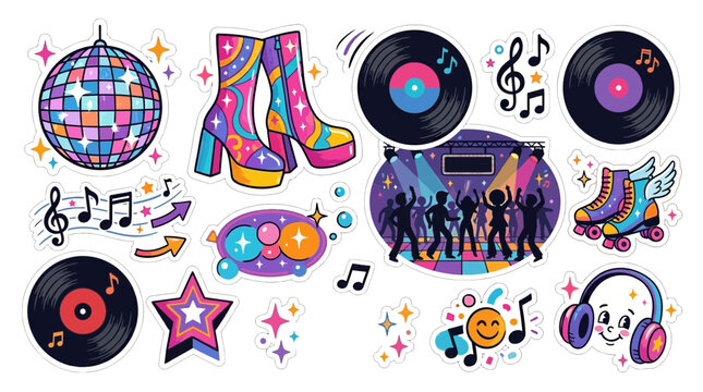 Colorful disco stickers with music and dance themed icons
