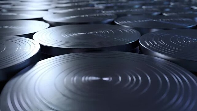 Rows of shiny metal discs arranged in a pattern.