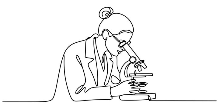 Continuous single line drawing of a female scientist looking through a microscope in a laboratory setting for science and medical research projects