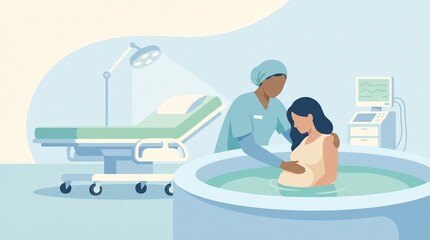Obraz premium Vector illustration of a pregnant woman having a water birth with a midwife in a clinic
