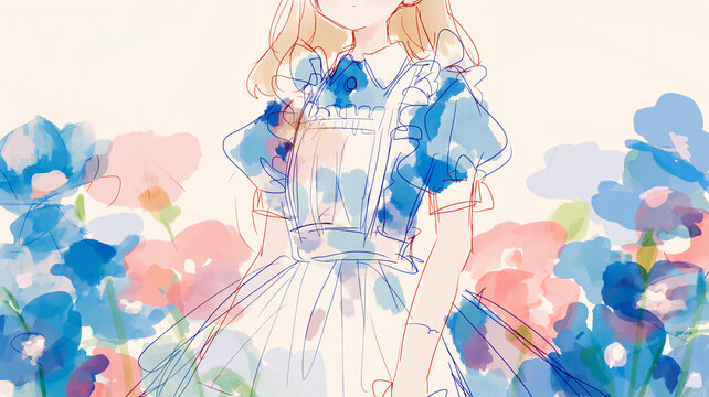 不思議の国のアリスの世界観を感じる花畑と少女を描いた、手描き感のある水彩風イラスト作品、夢の中のような雰囲気とやさしい表情が魅力のファンタジー素材、装飾素材、ロマンチック、キャラクター、ナチュラル、水彩イラスト、手描き、少女、女の子、ドレス、花、花畑、ファンタジー、童話、お姫様、妖精、かわいい、上品、夢、物語、メルヘン、線画、背景、壁紙、挿絵、広告、ブログ、ストック素材、商用利用