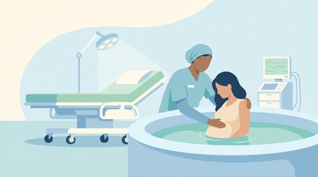 Vector illustration of a pregnant woman having a water birth with a midwife in a clinic