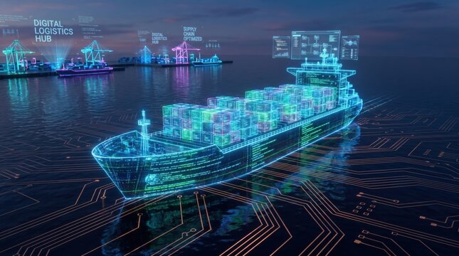 Futuristic Digital Cargo Ship with Holographic Data Overlays and Smart Logistics Technology in Global Shipping Port