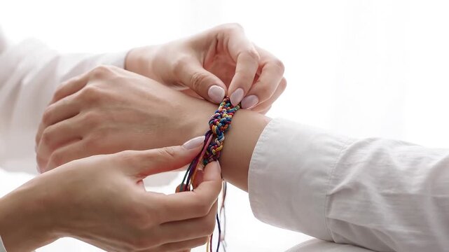 Closeup of a persons hands tying a colorful handmade friendship bracelet on another persons wrist