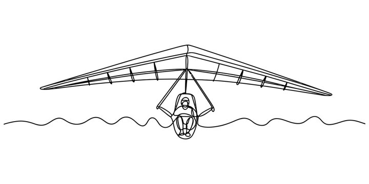Continuous single line drawing of a person flying with a hang glider over ocean waves showing extreme adventure sport concept in a minimalist style Vector, illustration