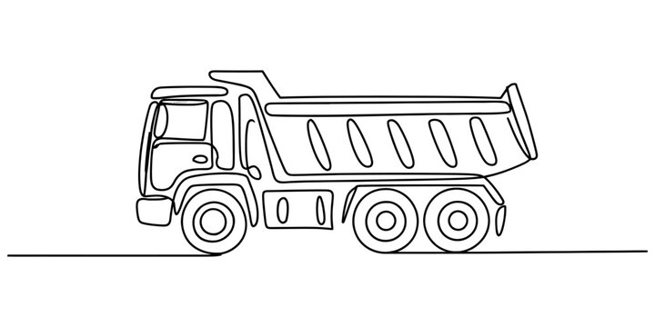 Continuous single line drawing of a tipper dump truck for construction work transport vector illustration of a heavy vehicle side view for kids page Vector, illustration