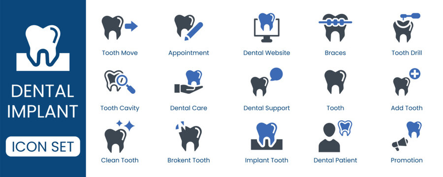 Dental Implant and Dental Treatment solid icon set. Containing treatment, dental care, online, and dental patient, broken teeth, appointment, solid vector icons