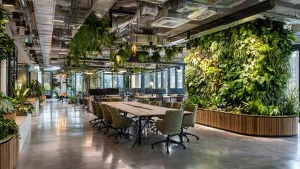 Fototapeta premium Office interior featuring a lush living wall creates a biophilic workspace designed to improve employee well-being and productivity.