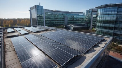 Obraz premium Solar panels mounted on a modern office building roof capture clean energy from the bright sun during a clear day.