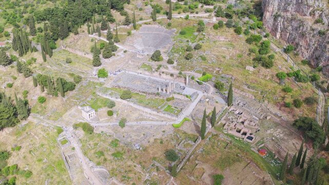 Magnificent aerial view of the ancient ruins of Delphi, including the temple of Apollo and the ancient theater, a famous archaeological site and a Unesco world heritage site in Greece