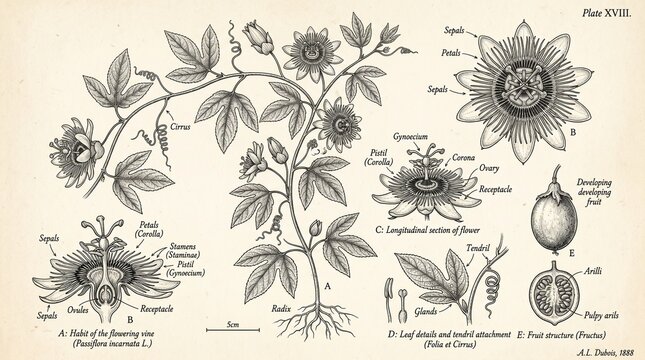 Vintage Scientific Botanical Diagram of Passion Flower Anatomy