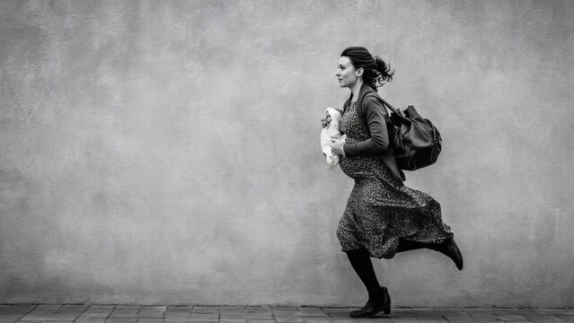 Pregnant woman hurries along a textured grey wall while clutching her belongings in a dynamic black and white composition.