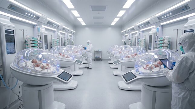Futuristic neonatal intensive care unit with babies sleeping in robotic incubator pods