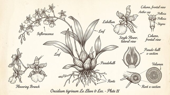 Vintage Botanical Orchid Anatomy Sketch with Detailed Plant Parts
