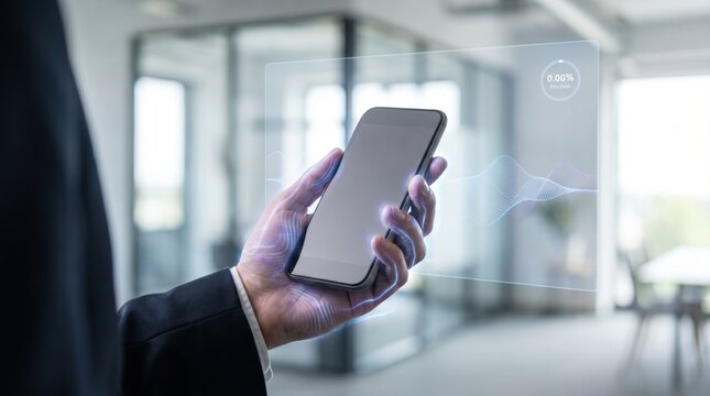 Hand holding a smartphone displaying a holographic data graph indicating zero friction