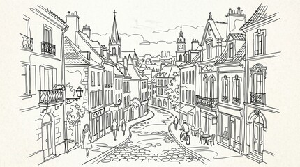 Fototapeta premium Old town European street with historic buildings hand drawn sketch