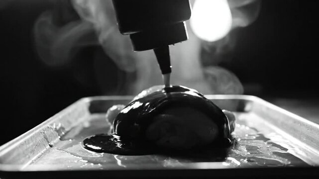 Black and white video of a chef drizzling a rich sauce over cooked chicken on a baking sheet