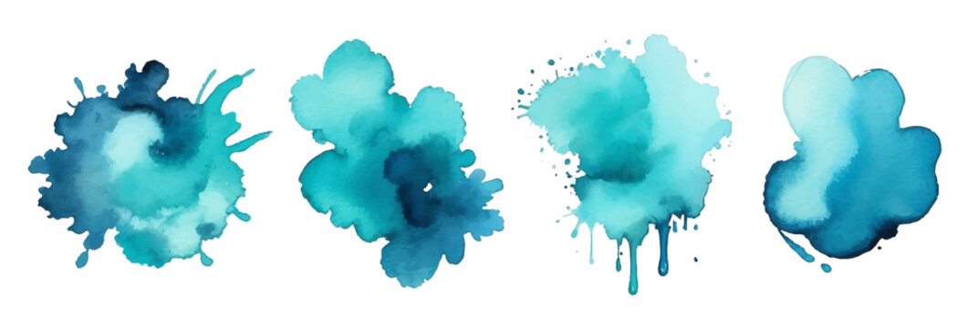 Blue ink watercolor turquoise splash paint blob. Blue ink splatter stain abstract vector background.